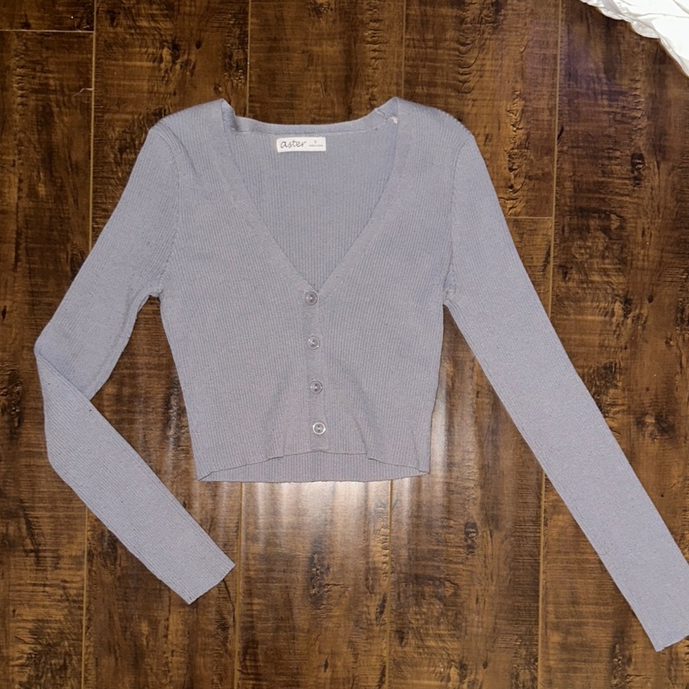 Aster Gray / Blue Ribbed Long Sleeve Cardigan